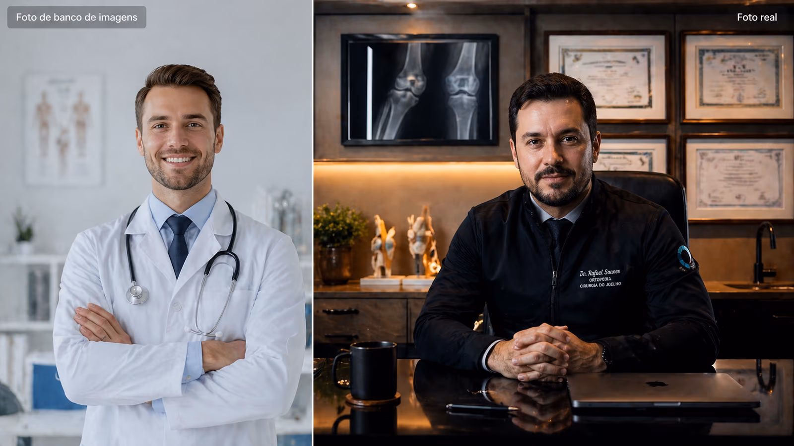 Comparativo: foto de stock com sorriso forçado e cenário fake (lado A, opaco) vs foto real do profissional no consultório (lado B, vibrante).