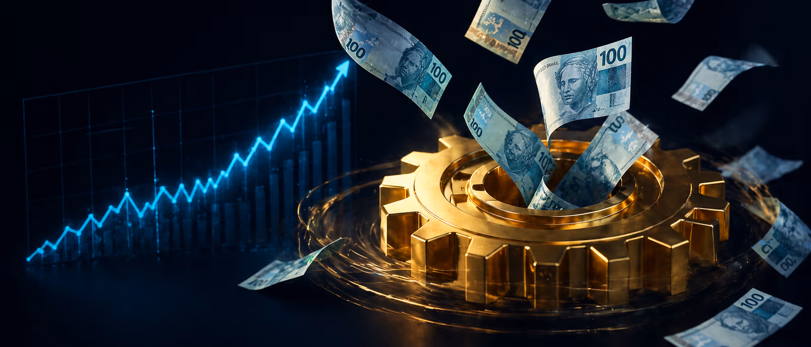 Composição visual: várias notas de R$ caindo em uma engrenagem dourada, com chart de ROI subindo ao fundo.