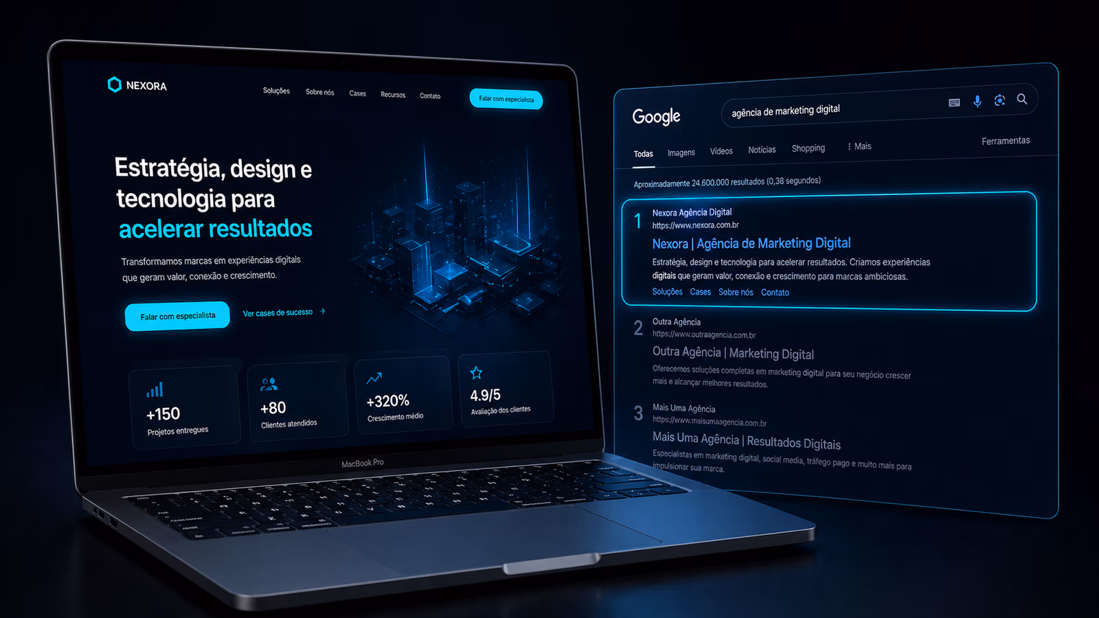 Mockup de site institucional refinado em tela de notebook, com Google Search aberto ao lado mostrando o site ranqueando em #1.