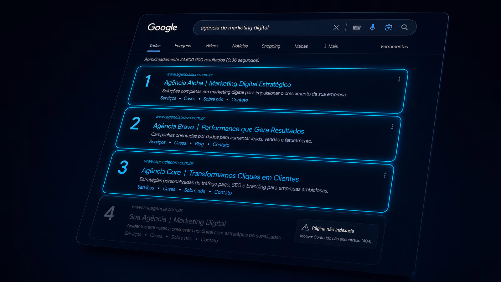 Tela de Google search com 3 sites listados - o do cliente em 4ª posição em cinza apagado, concorrentes em destaque acima.