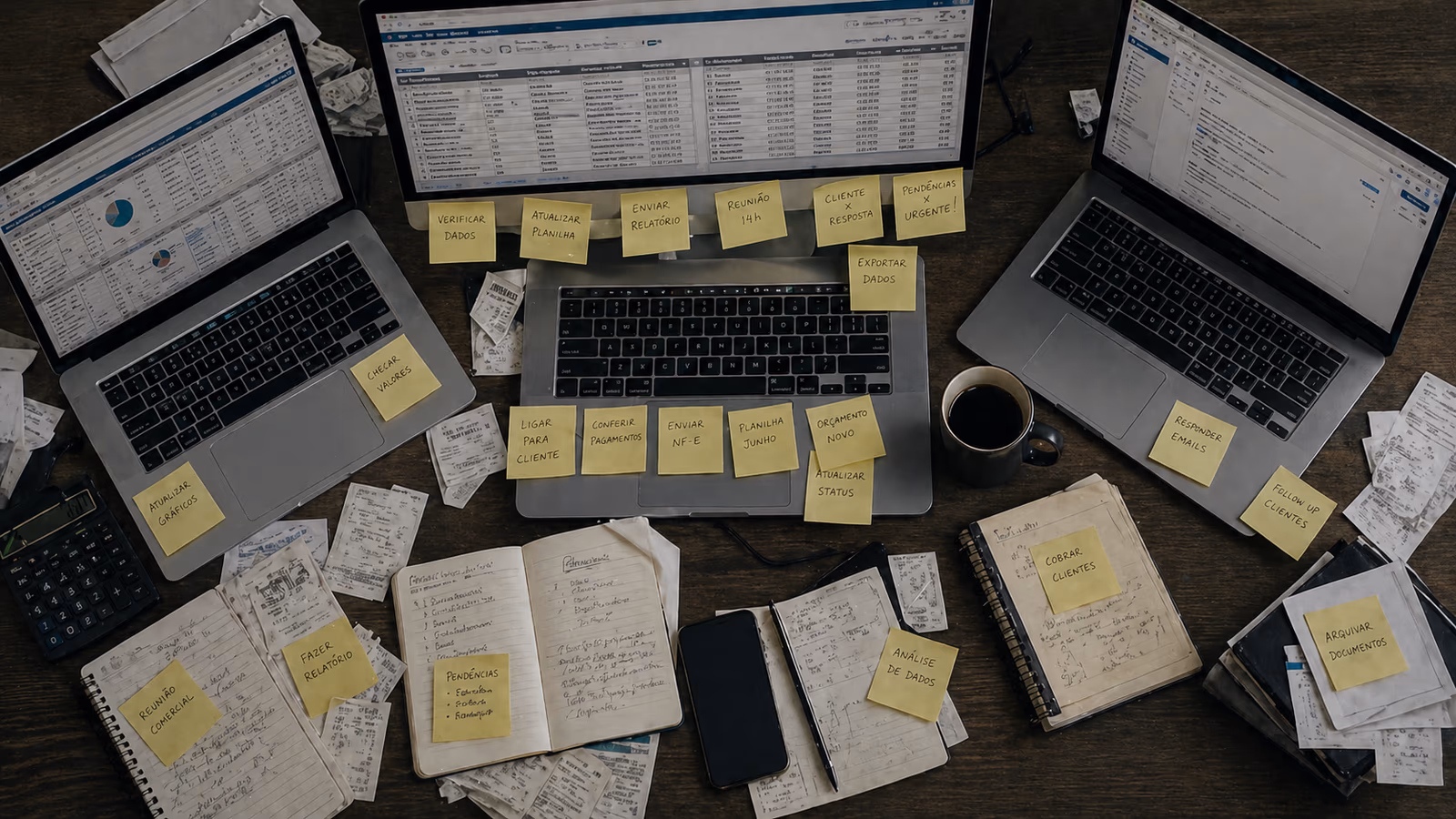 Mesa de trabalho caótica vista de cima: várias planilhas abertas em telas diferentes, post-its colados, papelada espalhada - sensação de "não dá conta".